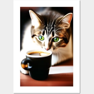 Cat Drinking Coffee Realistic Art Posters and Art